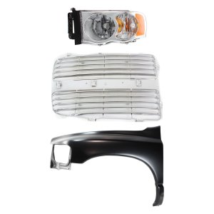 Front Fender for DODGE DODGE FULL SIZE P/U 2002-2005 Left (Driver) Side, 3-Piece Kit, Primed (Ready to Paint), Steel, with Grille Insert and Headlight, Replacement