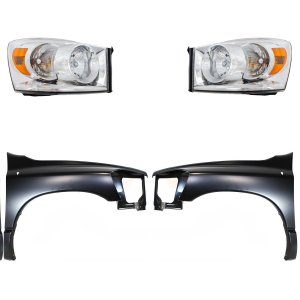 Headlight Assembly Kit for Dodge Ram 1500 (2006-2008), Ram 2500/Ram 3500 (2006-2009) - Right (Passenger) and Left (Driver), Halogen, 4-Piece Kit with Fenders, Replacement