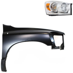 Front Fender Kit for Dodge Ram 1500 (2006-2008), Ram 2500, Ram 3500 (2006-2009) Right (Passenger), Primed (Ready to Paint), 2-Piece with Headlight, Replacement