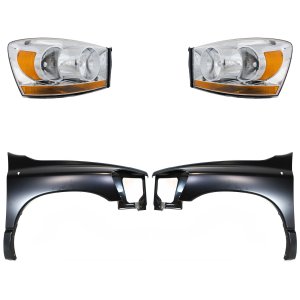 Headlight Assembly Kit for Dodge Ram 1500 (2006-2008) / Ram 2500 / Ram 3500 (2006-2009), Right (Passenger) and Left (Driver), Halogen, 4-Piece with Fenders, Replacement