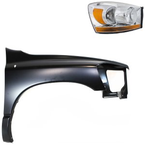 Headlight Assembly Kit for Dodge Ram 1500 (2006-2008), Ram 2500/Ram 3500 (2006-2009), Right (Passenger), Halogen, 2-Piece Kit, with Fender, Replacement