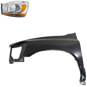 Headlight Assembly Kit for Dodge Ram 1500 (2006-2008) / Ram 2500 / Ram 3500 (2006-2009), Left (Driver), Halogen, 2-Piece Set, with Fender, Replacement