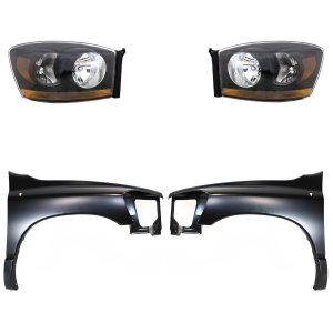 Headlight Assembly for DODGE RAM 1500 (2006-2008), RAM 2500/RAM 3500 (2006-2009), Right (Passenger) and Left (Driver), Halogen, 4-Piece Kit, with Fenders, Replacement