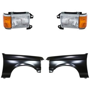 Front Fender Kit for FORD F-150/F-250/F-350 1987-1991, Right (Passenger) and Left (Driver), Primed (Ready to Paint), 4-Piece with Headlights, Replacement