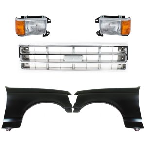Front Fender Replacement Kit for 1987-1988 Ford Bronco/F-150/F-250/F-350, Right (Passenger) and Left (Driver), Primed (Ready to Paint), 5-Piece with Grille and Headlights
