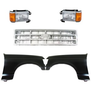 Front Fender Kit for 1989-1991 Ford Bronco, F-150, F-250, F-350, Right (Passenger) and Left (Driver), Primed (Ready to Paint), 5-Piece with Grille and Headlights, Replacement