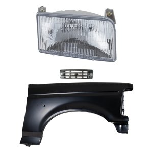 Front Fender Kit for Ford F-Series/F-Super Duty 1992-1997, Right (Passenger), Primed (Ready to Paint), 3-Piece with Grille and Headlight, Replacement