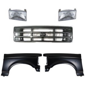 Front Fender Kit for Ford F-Series/F-Super Duty 1992-1997, Right (Passenger) and Left (Driver), Primed (Ready to Paint), 5-Piece Kit with Grille and Headlights, Replacement