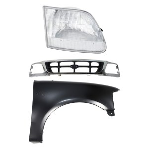 Grille Kit for Ford F-150/F-250 1997-1998, Chrome Shell with Gray Insert, 3-Piece Set with Fender and Headlight, Replacement Parts