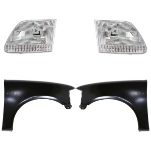 Front Fender Kit for Ford F-150/F-250 1997-1998, Right (Passenger) and Left (Driver), Primed (Ready to Paint), 4-Piece Set with Headlights, Replacement