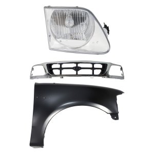 3-Piece Kit Grille for Ford F-150/F-250 1997-1998, Chrome Shell with Gray Insert, Includes Fender and Headlight, Right (Passenger) Replacement