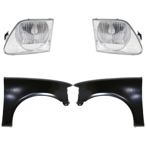 Front Fender for Ford F-Series 150 1997-2004, Right (Passenger) and Left (Driver), Primed (Ready to Paint), 4-Piece Kit with Headlights, Replacement