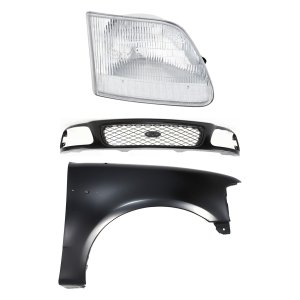 Grille Kit for Ford F-150/F-250 (1997-1998), Includes 3-Piece Paintable Shell and Insert, Fender and Headlight Replacement