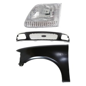 Grille Kit for Ford F-150/F-250 1997-1998, Paintable Shell and Insert, 3-Piece with Fender and Headlight, Replacement