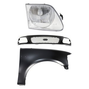 Grille Kit for Ford F-150/F-250 1997-1998, Paintable Shell and Insert, 3-Piece Kit with Fender and Headlight Replacement