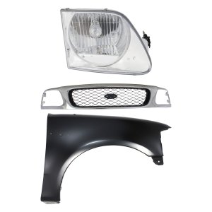 Grille Kit for Ford F-150/F-250 1997-1998, Chrome Shell with Black Insert, 3-Piece Set, Includes Fender and Headlight Replacement