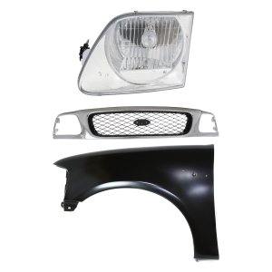 Grille Kit for Ford F-150/F-250 1997-1998, Chrome Shell with Black Insert, 3-Piece Set Including Fender and Headlight Replacement
