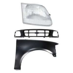 Grille Kit for Ford F-150/F-250 1997-1998, Black Shell and Insert, 3-Piece Set, with Fender and Headlight Replacement