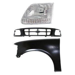 Front Fender Kit for Ford F-150/F-250 1997-1998, Left (Driver), Primed (Ready to Paint), 3-Piece with Grille and Headlight, Replacement