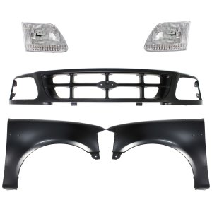 Front Fender Kit for Ford F-150/F-250 1997-1998, Right (Passenger) and Left (Driver), Primed (Ready to Paint), 5-Piece Set with Grille and Headlights Replacement