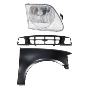 Grille Kit for Ford F-150/F-250 1997-1998, Complete 3-Piece Set with Black Shell and Insert, Featuring Fender and Headlight, Replacement Part