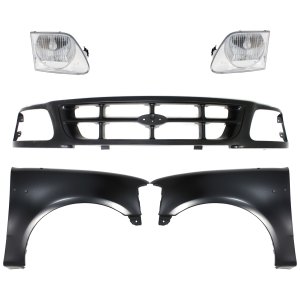 Front Fender Kit for Ford F-150/F-250, Years 1997-1998, Right (Passenger) and Left (Driver), Primed (Ready to Paint), 5-Piece Set, Includes Grille and Headlights, Replacement
