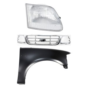 Chrome Shell and Insert Grille Kit for Ford F-150 1999-2003, F-150 Heritage 2004, F-250 1999, with Fender and Headlight, 3-Piece, Replacement