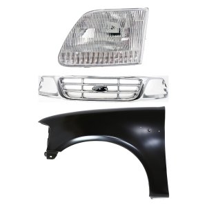 Chrome Shell and Insert Grille Kit for Ford F-150 (1999-2003), F-150 Heritage (2004), F-250 (1999) with Fender, Headlight, 3-Piece Set - Replacement