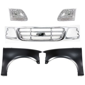 Grille Kit for FORD F-150 1999-2003, F-150 HERITAGE 2004, F-250 1999, Chrome Shell and Insert, 5-Piece, with Fenders and Headlights, Replacement