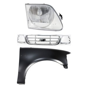 Grille Kit for Ford F-150 (1999-2003), F-150 Heritage (2004-2004), F-250 (1999), Chrome Shell and Insert, 3-Piece with Fender and Headlight Replacement