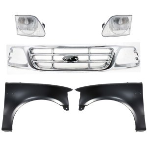 Grille Kit for Ford F-150 1999-2003, F-150 Heritage 2004, F-250 1999, Chrome Shell and Insert, 5-Piece Kit with Fenders and Headlights Replacement