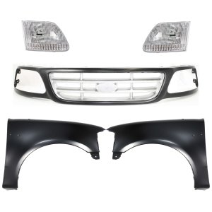Grille Kit for Ford F-150 1999-2003, Ford F-150 Heritage 2004, Ford F-250 1999, Paint to Match, 5-Piece Set with Fenders and Headlights, Replacement