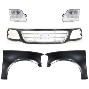 Grille Replacement Kit for Ford F-150 1999-2003, F-150 Heritage 2004, F-250 1999, Paint to Match, 5-Piece with Fenders and Headlights