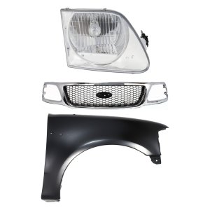 Grille Kit for Ford F-150 (1999-2003) / F-250 (1999) with Chrome Shell, Black Insert, 3-Piece Set, Including Fender and Headlight Replacement