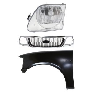 Chrome Shell Grille with Black Insert for Ford F-150 (1999-2003) and F-250 (1999), 3-Piece Kit including Fender and Headlight, Replacement Part