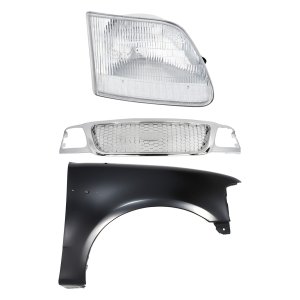 Grille Kit for Ford F-150 1999-2003, F-150 Heritage 2004, F-250 1999, Chrome Shell and Insert, 3-Piece with Fender and Headlight Replacement