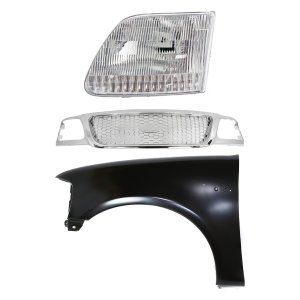 Grille Kit for Ford F-150 1999-2003, F-150 Heritage 2004, F-250 1999, Chrome Shell and Insert, 3-Piece with Fender and Headlight Replacement