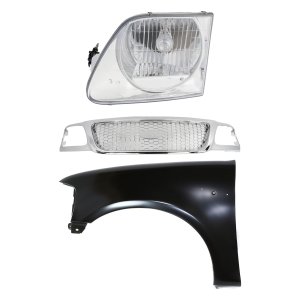Chrome Shell and Insert Grille for Ford F-150 (1999-2003), F-150 Heritage (2004), F-250 (1999), 3-Piece Kit with Fender and Headlight, Replacement