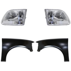 Front Fender for Ford F-150 2001-2003, F-150 Heritage 2004, Right (Passenger) & Left (Driver), Primed (Ready to Paint), 4-Piece Kit, with Headlights - Replacement