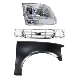 Grille Kit for Ford F-150 2001-2003, F-150 Heritage 2004 Replacement, Chrome Shell and Insert, 3-Piece, includes Fender and Headlight