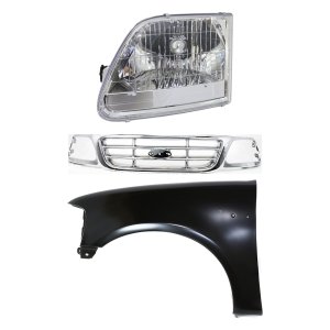 Grille Kit for Ford F-150 2001-2003, F-150 Heritage 2004, 3-Piece Set with Chrome Shell and Insert, Includes Fender and Headlight, Replacement