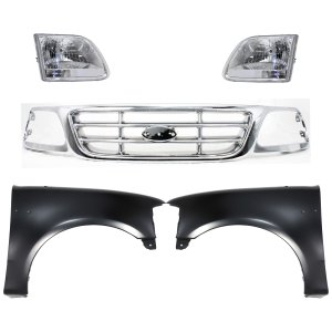 Chrome Shell and Insert Grille Kit for Ford F-150 2001-2003, F-150 Heritage 2004 with Fenders and Headlights, 5-Piece Set, Replacement