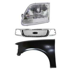 Chrome Grill Kit with Black Insert for 2001-2003 Ford F-150, 3-Piece Set Includes Fender and Headlight, Replacement Auto Parts