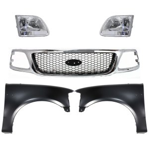 Grille Kit for Ford F-150 2001-2003, Chrome Shell with Black Insert, 5-Piece Set, Includes Fenders and Headlights, Replacement