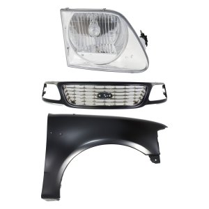 3-Piece Kit Grille for Ford F-150 2001-2003, Black Shell with Chrome Insert, Includes Fender and Headlight, Replacement Set