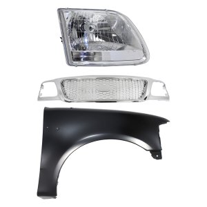 Grille Kit for 2001-2003 Ford F-150 and 2004 Heritage, Chrome Shell and Insert, 3-Piece Set with Fender and Headlight Replacement