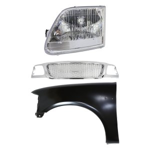 Grille Kit for Ford F-150 2001-2003, F-150 Heritage 2004 with Chrome Shell and Insert, 3-Piece Set, Includes Fender and Headlight, Replacement