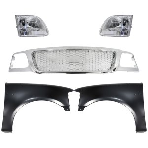 Chrome Shell and Insert Grille Kit for Ford F-150 2001-2003, F-150 Heritage 2004, 5-Piece Set with Fenders and Headlights, Replacement Part