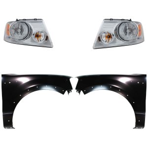 Headlight Assembly for Ford F-150 2004-2006, Right (Passenger) and Left (Driver), Halogen, 4-Piece Kit with Fenders, Replacement