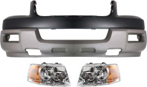 Front Bumper Cover for Ford Expedition 2003, Upper and Lower, 3-Piece Kit with Headlights, Replacement